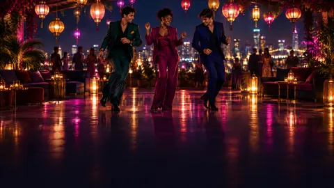 Three Friends Dancing at Rooftop Lounge
