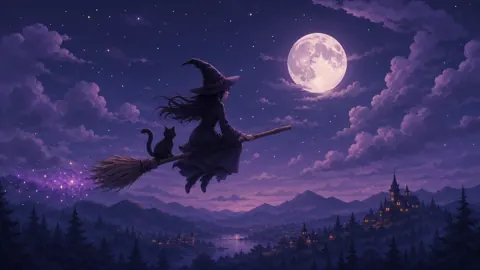 Witch and Cat Over Village