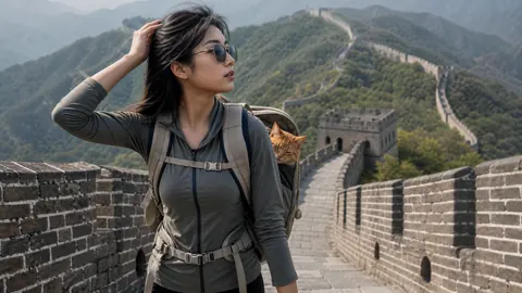 Hiker Carrying Cat on Great Wall