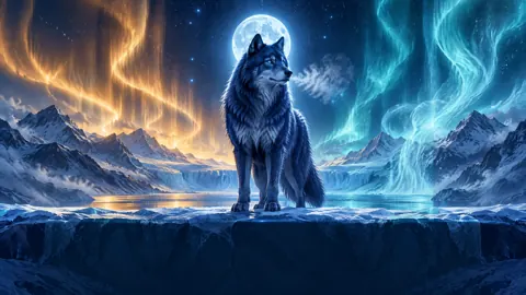 Blue Wolf Under Auroras