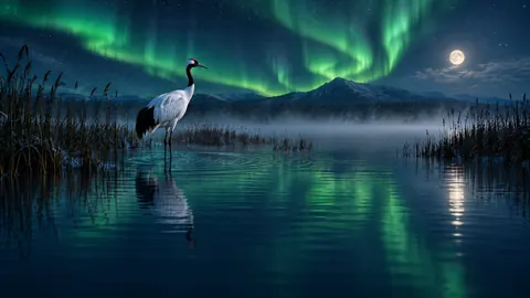 Red-Crowned Crane Under Aurora