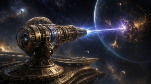 Spacecraft Cannon Firing at Planet