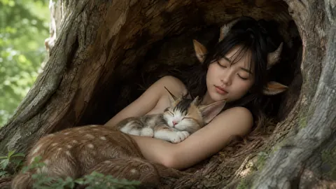 Sleeping Satyr Woman With Cat