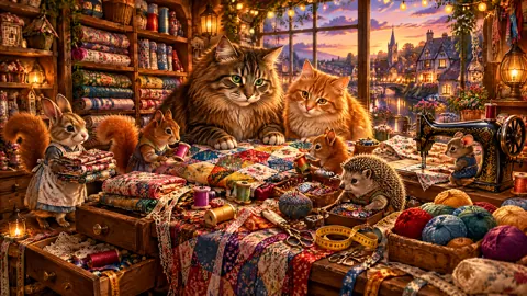 Cats Sewing in Wooden Atelier