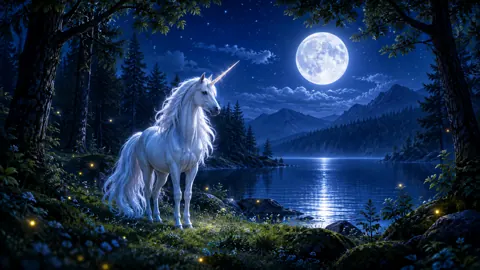 White Unicorn by Moonlit Lake