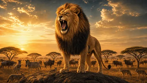 Roaring Lion Above Savanna