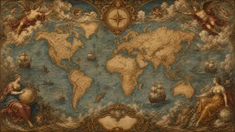 Renaissance World Map with Ships
