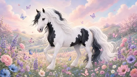 Black-and-White Horse in Wildflowers