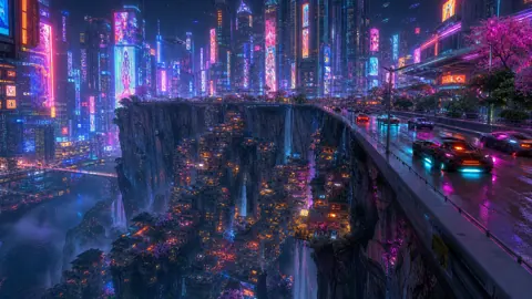 Cyberpunk City With Waterfalls