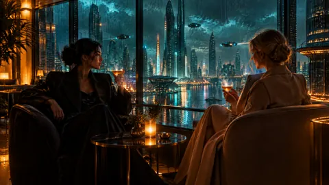 Women in Futuristic Sky Lounge