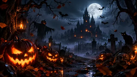 Moonlit Halloween Castle Graveyard