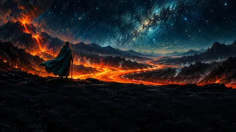 Cloaked Traveler Above Lava Rivers