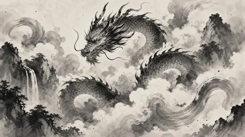 Chinese Dragon in Misty Mountains