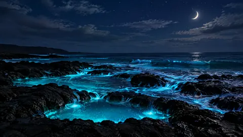 Bioluminescent Tide Pools at Night