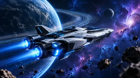 White Starship Near Ringed Planet