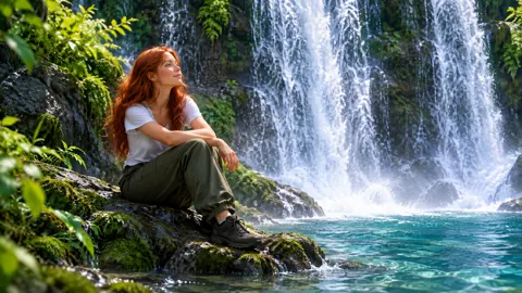 Woman Beside Forest Waterfall