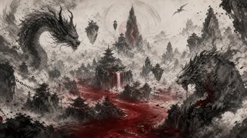 Horned Dragon Over Red Rivers