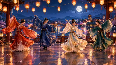 Riverside Dancers Under Full Moon