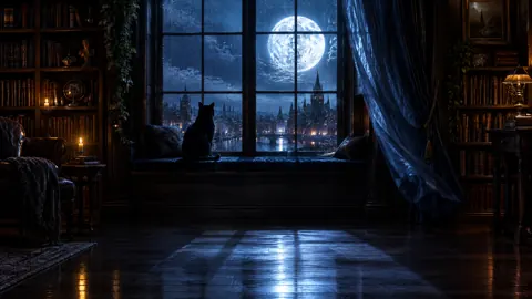 Black Cat in Gothic Library