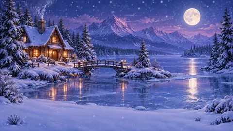 Moonlit Cottage by Frozen Lake