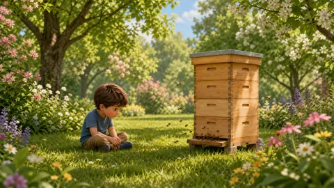 Boy Beside Wooden Beehive