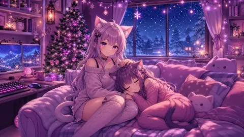 Catgirls in Christmas Gaming Room