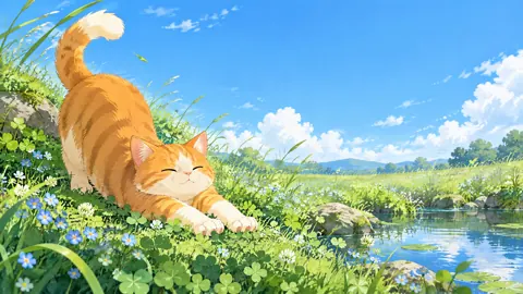 Ginger Cat by Garden Pond