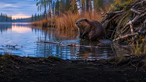 Beaver Beside Stick Lodge