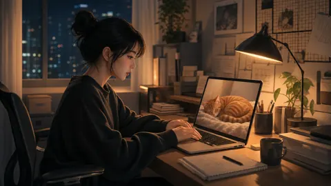 Korean Woman Writing With Cat