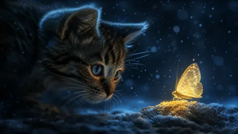 Tabby Kitten and Golden Butterfly