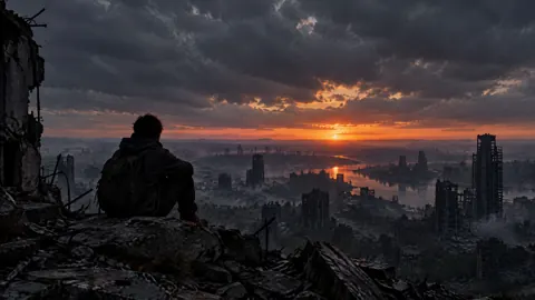 Backpacker Over Ruined City