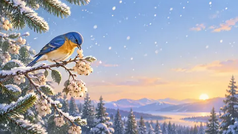 Finch Eating Berries in Snow