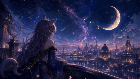 Celestial Catgirl Above Gothic City