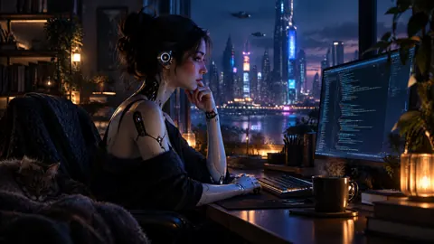 Female Android Coding With Cat