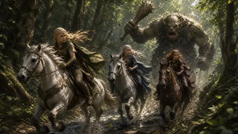 Elf Riders Fleeing Troll