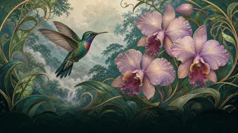 Hummingbird Among Lavender Orchids