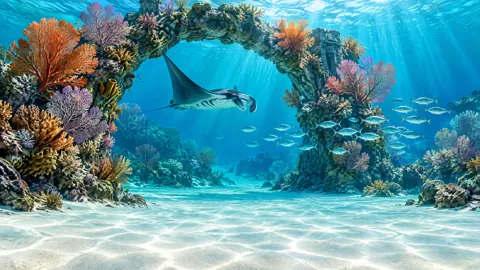 Manta Ray Beneath Stone Arch
