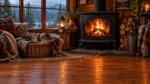 Tabby Cat by Wood Stove