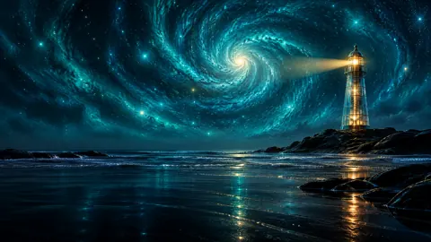 Glass Lighthouse Under Cosmic Vortex