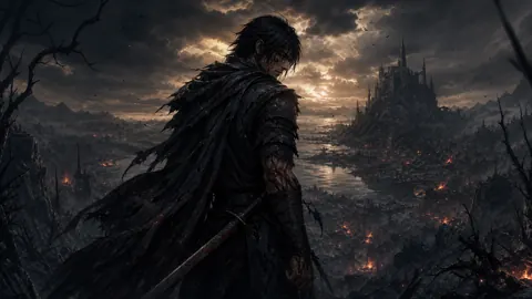 Wounded Swordsman Above Burning Castle