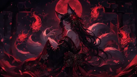 Nine-Tailed Kitsune Under Red Moon