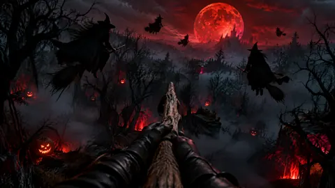 Witches Flying Under Red Moon