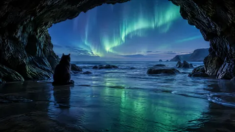 Black Cat Under Aurora
