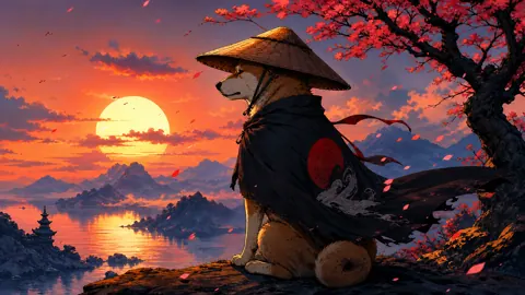 Samurai Dog Under Red Maple