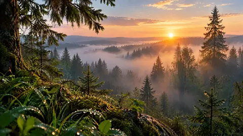 Misty Evergreen Forest Sunrise