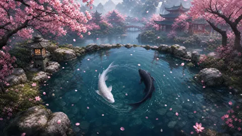Koi Pond With Cherry Blossoms