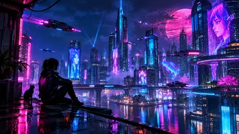Cyberpunk Rooftop With Black Cat