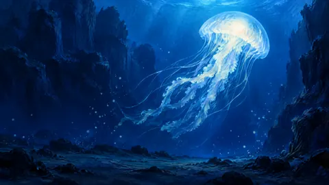 Glowing Jellyfish in Ocean Canyon