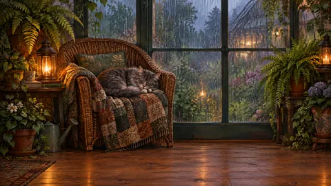 Sleeping Cat by Greenhouse Window