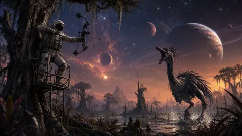 Astronaut Hunting Alien Bird in Swamp